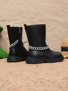 1 Pair Girls' Flat Round Toe Rhinestone Fashion Versatile Mid-Calf Boots, Comfortable Chain Boots - Black - View 4