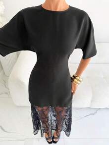 Vestido de mujer elegante y de moda con patchwork de encaje, tonos marrones para citas en otoño, vestidos para mujer de verano - Negro - Ver 6