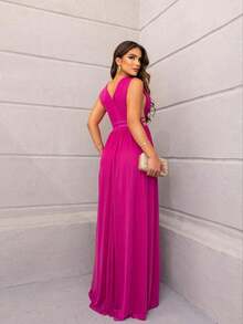 Micro Tulle Long Party Dress Simple Zipper Party Wedding - 玫紅色 - 查看 2