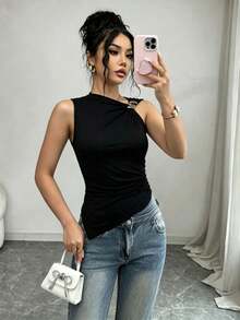 Raffinéa Camiseta sin mangas ajustada con decoración metálica y fruncido en la cintura, de estilo casual y elegante - Azul - Ver 13