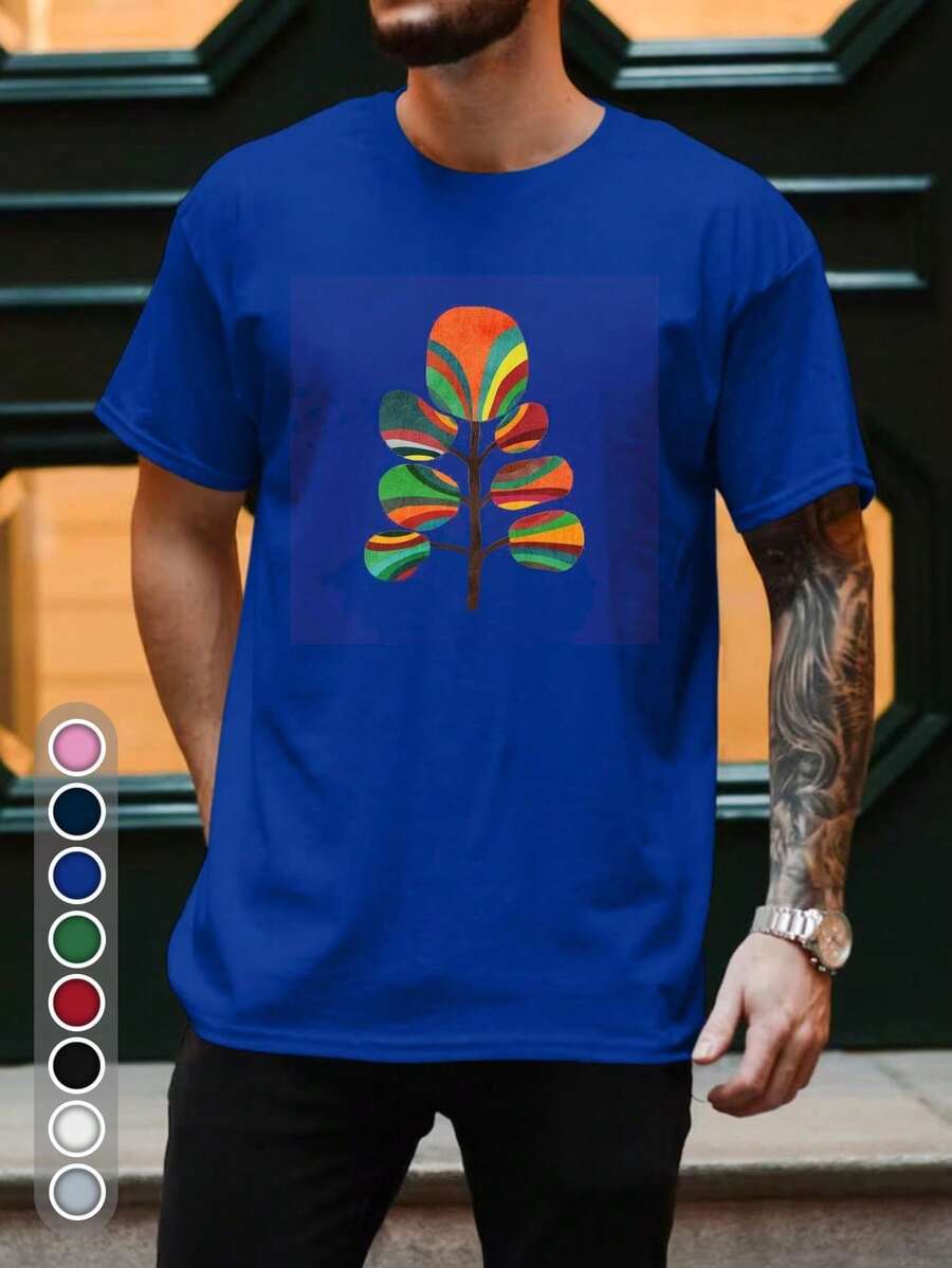 Nueva Camiseta Casual de Verano para Hombre 100% Algodón con Estampado de Hojas Multicolor Vibrante - Tela Suave y Transpirable, Cuello Redondo Casual Ligeramente Elástico para Comodidad en - Gris - Ver 1