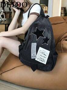 Dedoo Washed Denim Backpack With Star Patch Label Detail, Y2K Punk Style Large Capacity Casual Daily Backpack, Suitable For Teenagers' Everyday Streetwear - Multicolor - View 2