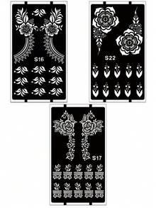 3er/Set Hana handgezeichnete Cut Out Tattoo-Schablonen, Blumenmuster Nagelkunst Tattoo - sexy Blumenmuster, geeignet für Hände, DIY Malen, Tinte, wiederverwendbare Mehndi Design Vorlagen Aufkleber - Schwarz - Übersicht 6