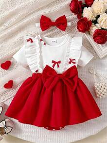 HAO6 Baby Girl Newborn Spring/Summer Infant Girls Romper, Round Neck Short Sleeve Ruffle Design With Bowknot Floral Pattern And Waist Bowknot Decoration, Matching Headband, Sweet And Cute Style - Red - View 1