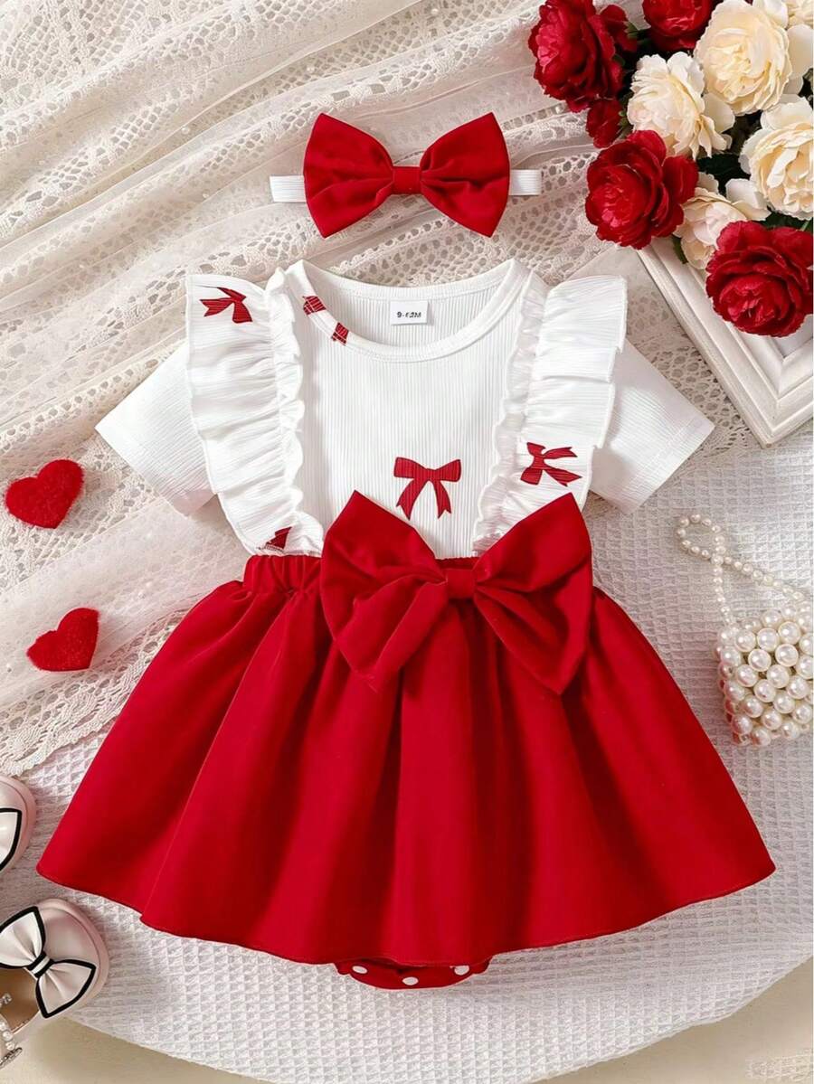 HAO6 Baby Girl Newborn Spring/Summer Infant Girls Romper, Round Neck Short Sleeve Ruffle Design With Bowknot Floral Pattern And Waist Bowknot Decoration, Matching Headband, Sweet And Cute Style - Red - View 1