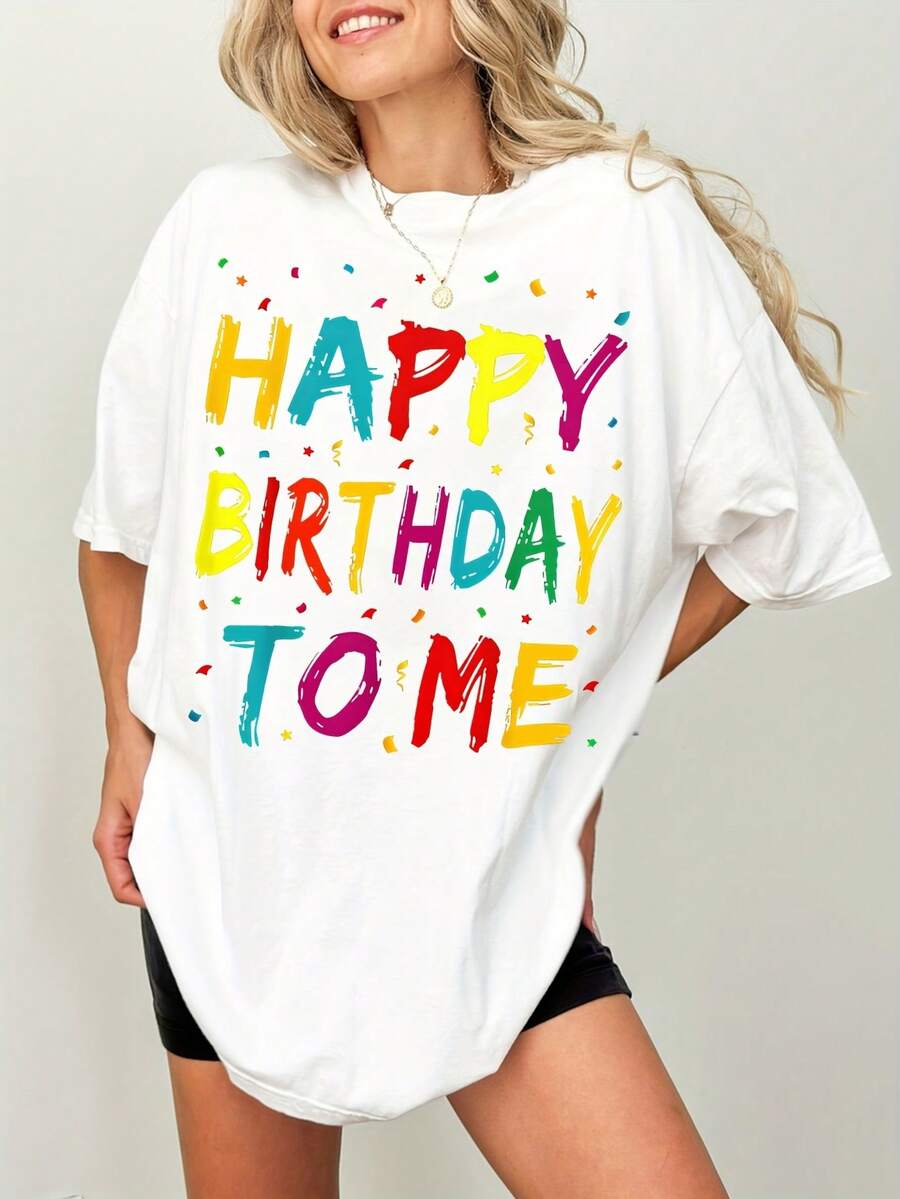 Elegant Blouses For Young Women. Women's T-Shirt With "Happy Birthday To Me" Print - Casual Round Neck, Short Sleeves, Off-The-Shoulder Design, 100% Polyester Knit Fabric, Summer Top With E - 白色 - 查看 1