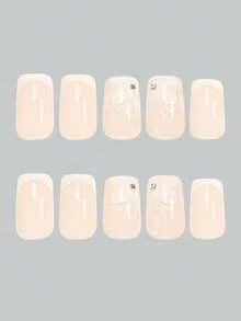 Show Your Beauty 24pcs Classic Elegant Rhinestone White Butterfly Striped White Edge French Glossy Shiny Skin-Brightening Fake Nails Fashion Versatile Wearable Nails Suitable For Dates Parties Spring Summer Women And Girls Autumn Winter Daily Wear Removable Press-On Nail Set With Jelly Glue And Nail File Easy To Wear And Durable Jelly Glue Randomly Shipped - Multicolor - View 4