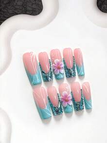 10pcs Luxury Handmade Press-On Nails, Polygel Nail Art Set, Blue Rhinestone Five-Petal Flower Design, Blue Nail Polish, Hot Girl Style, Includes Nail Tools, 3 Sizes Available, Almond/Duck/Coffin Shape, Suitable For Party, Dancing, Daily Wear - 彩色 - 查看 4