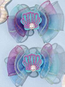 2 piezas de pinzas de lazo de tul estilo oceánico con conchas brillantes y perlas falsas, lazo de tul degradado azul-púrpura, accesorios para el cabello de adolescentes para boda en la playa/verano - Multicolor - Ver 1