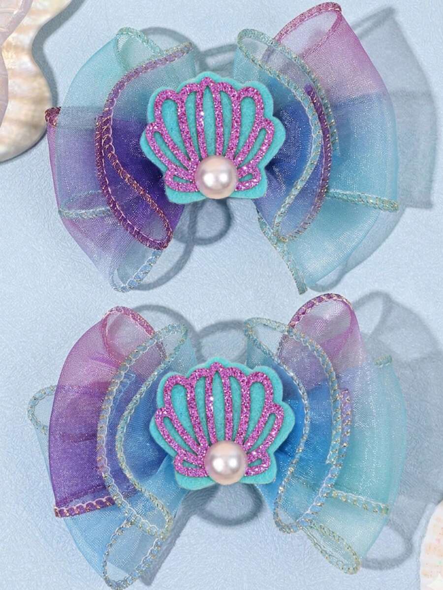 2 piezas de pinzas de lazo de tul estilo oceánico con conchas brillantes y perlas falsas, lazo de tul degradado azul-púrpura, accesorios para el cabello de adolescentes para boda en la playa/verano - Multicolor - Ver 1