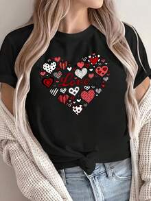 Pure Cotton Women's Short-Sleeved T-Shirt With A Heart Print On The Front, Made Of Comfortable And Breathable Fabric, Casual Sporty Style, Suitable For Women's Sportswear - 黑色 - 查看 1