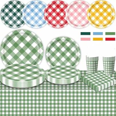 Multicolored Checkered Tea Party/Picnic Party Themed Disposable Plates, Napkins And Cups - 10-Person Party Supplies Set, Striped Checkered Tablecloth. Suitable For Birthdays, Weddings, Themed Parties, Family Picnics And Other Occasions.