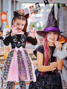 1 Set Halloween Witch Dress Girls Cute Cat Dress, Cat Halloween And Theme Party Costume - Multicolor - View 2