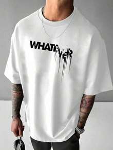 Manfinity Men's 180g & 220g Soft Cotton Graphic T-Shirt, Digital Print With The Word "WHATEVER", Crew Neck Short Sleeve T-Shirt, Casual All Weather An - 白色 - 查看 1