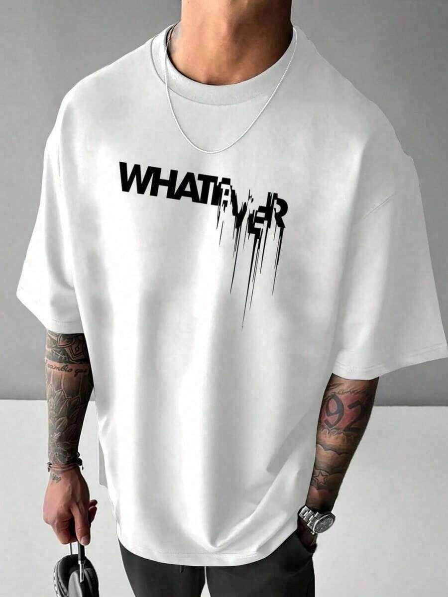 Manfinity Men's 180g & 220g Soft Cotton Graphic T-Shirt, Digital Print With The Word "WHATEVER", Crew Neck Short Sleeve T-Shirt, Casual All Weather An - 白色 - 查看 1