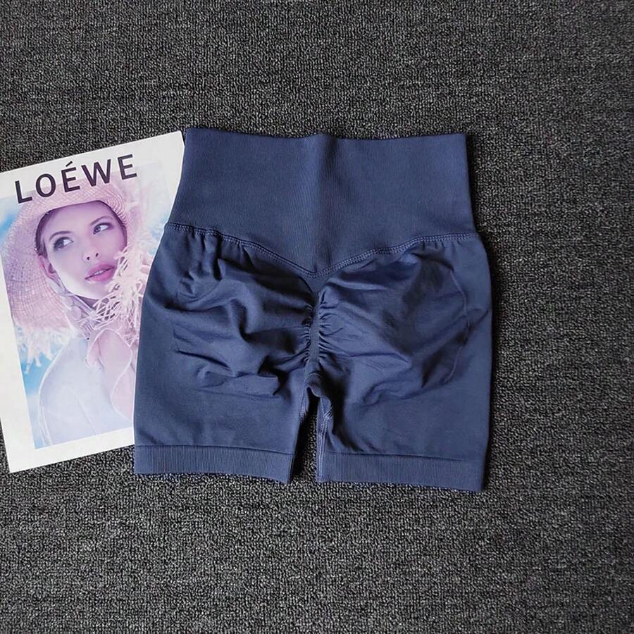 Pantalones cortos de Yoga melocotón para niñas, pantalones cruzados de cintura alta, tejidos a presión, para correr, deporte, elásticos, levantamiento del vientre, pantalones ajustados a tope - Azul grisáceo - Ver 1