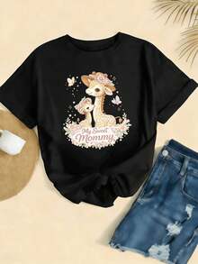 Camiseta con estampado de jirafa para mamá, de algodón suave, corte relajado, estilo casual, transpirable, ?recién llegada - Negro - Ver 2