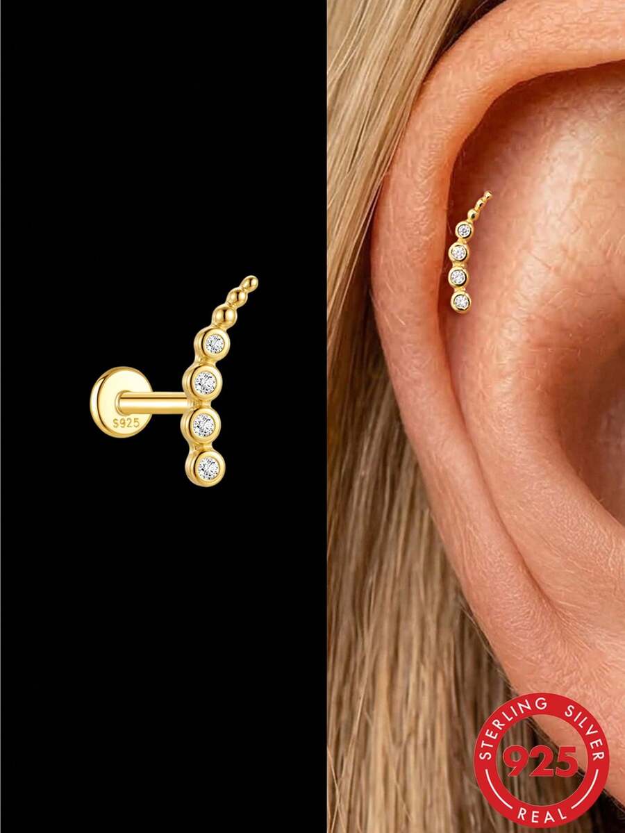 1Pc 925 Sterling Silver Earring Women Classic 18K Gold Plated Stud Earring Flat Back Helix Cartilage For Daily Wear Party Engagement Fine Jewelry - Gold - View 1