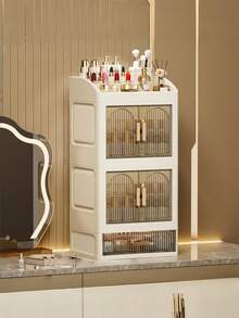 Lemari Penyimpanan Perawatan Kulit Kapasitas Besar dengan Laci dan Desain Anti Debu, Organizer Kosmetik Meja untuk Lipstik, Parfum, Losion, Solusi Penyimpanan Meja Rias Kamar Mandi, Kotak Penyimpanan Makeup Pintu Transparan Bergaris Mewah Hemat Ruang - MultiWarna - View 10