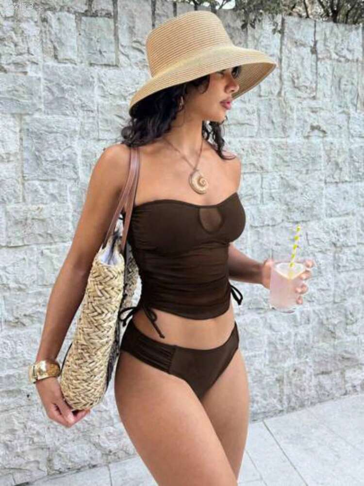 yonghongmaoyi1 Swim Vcay Conjunto de tankini para mujer con sujetador extraíble, lazada lateral y cordón - Marrón - Añade 1