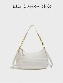 Nuevo bolso de moda clásico y versátil con diseño gráfico de letras, unicolor, material impermeable de PU, bolso de hombro, bolso de axila, adecuado para compras, decorado con colgante de ce - Blanco 10 - Ver 2