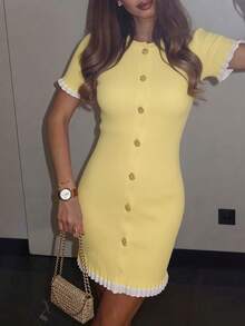 Women's New Spring/Summer Elegant Contrast Color Metal Button Dress, Paired With Graceful Ruffle Hem Blazer & Yellow Skirt Set For A Sophisticated Look. Features Front Button Closure Design, Suitable For Commuting, Daily Dates And Photo Shoots. - Yellow - View 2