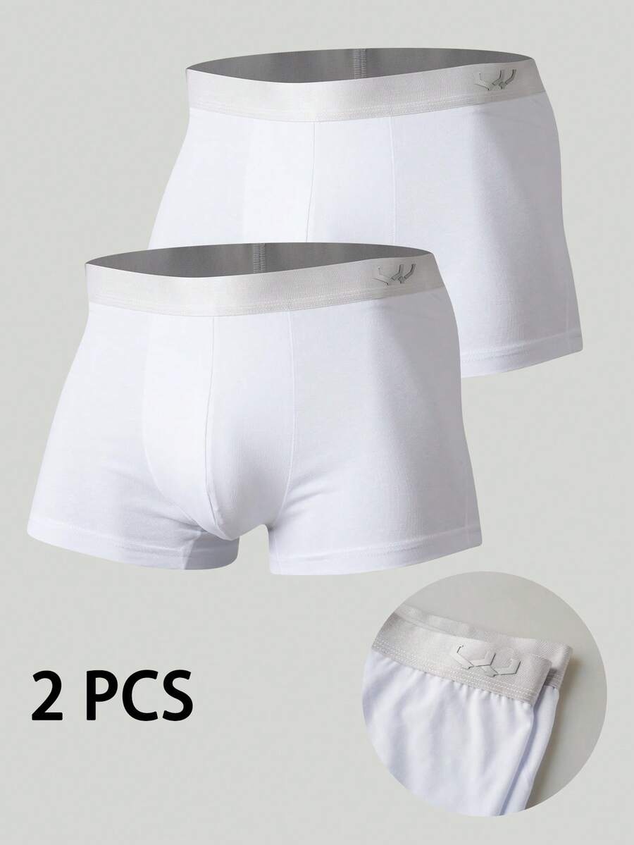2pcs/Pack Men's White Cotton Comfortable Breathable Boxer Briefs - White - View 1