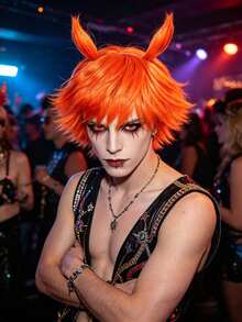 Peluca sintética naranja vibrante, corta, esponjosa, con capas, recta, despeinada y puntiaguda, con accesorio de diadema con forma de cuerno desmontable, para hombre y mujer, anime cosplay, con flequillo, kit de peluca para fiesta de disfraces, espectáculo en escenario, atuendo temático y sesión de fotos - Naranja - Ver 6