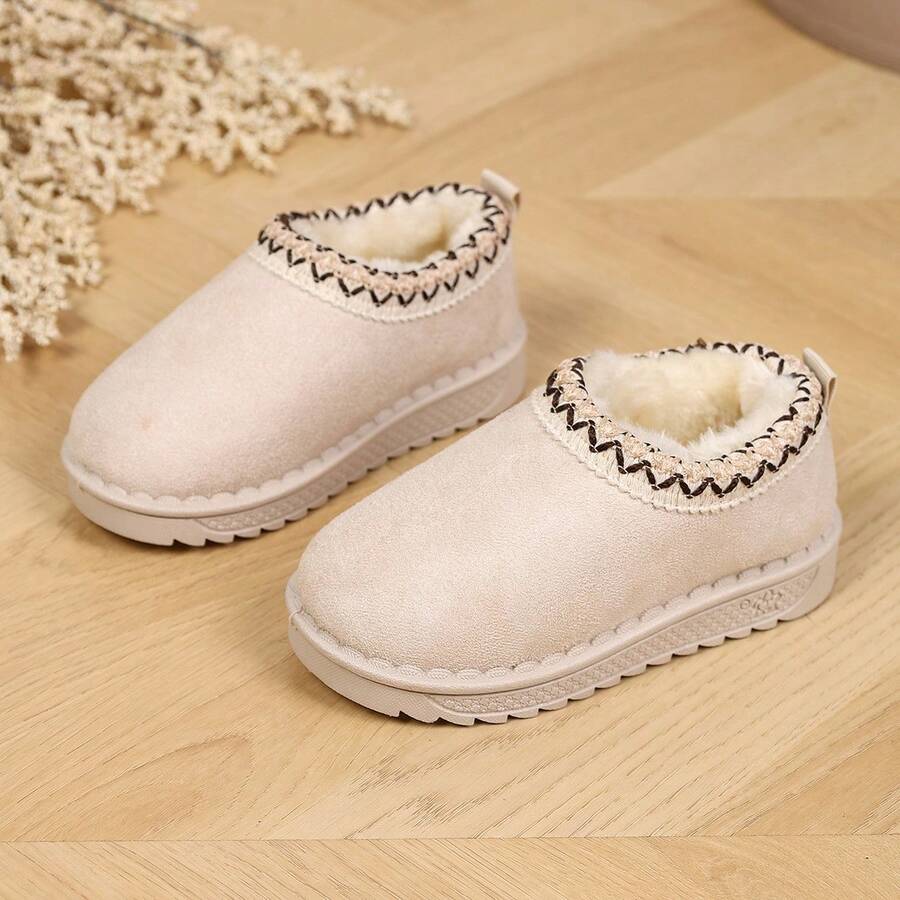 Children's Embroidered Trim Snow Boots, 3 Colors Warm Fleece Lining Slip-On Ankle Boots, Non-Slip Soft Sole Winter Cold Weather Boots - White - View 1