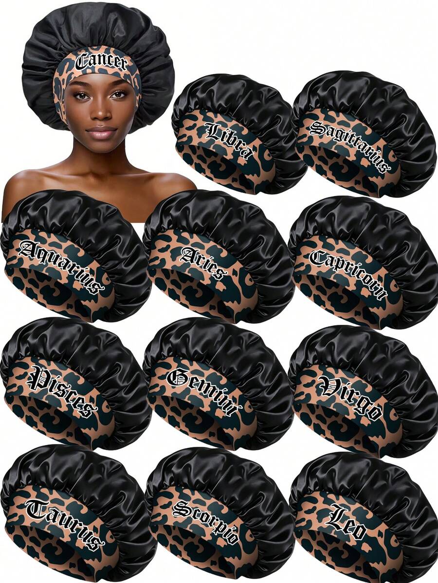 12 Zodiac Signs & Brown Leopard Print Satin Sleep Cap, Elastic Wide Band Hair Protection Cap, Women's Hair Care Cap (Random Print)