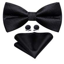 5Pcs Black Geometric Water Ripple Men Accessory Set, Bow Tie Pocket Square Cufflinks Ring Boutonniere, Random Cufflink Patterns, For Groom Wedding - Black - View 5