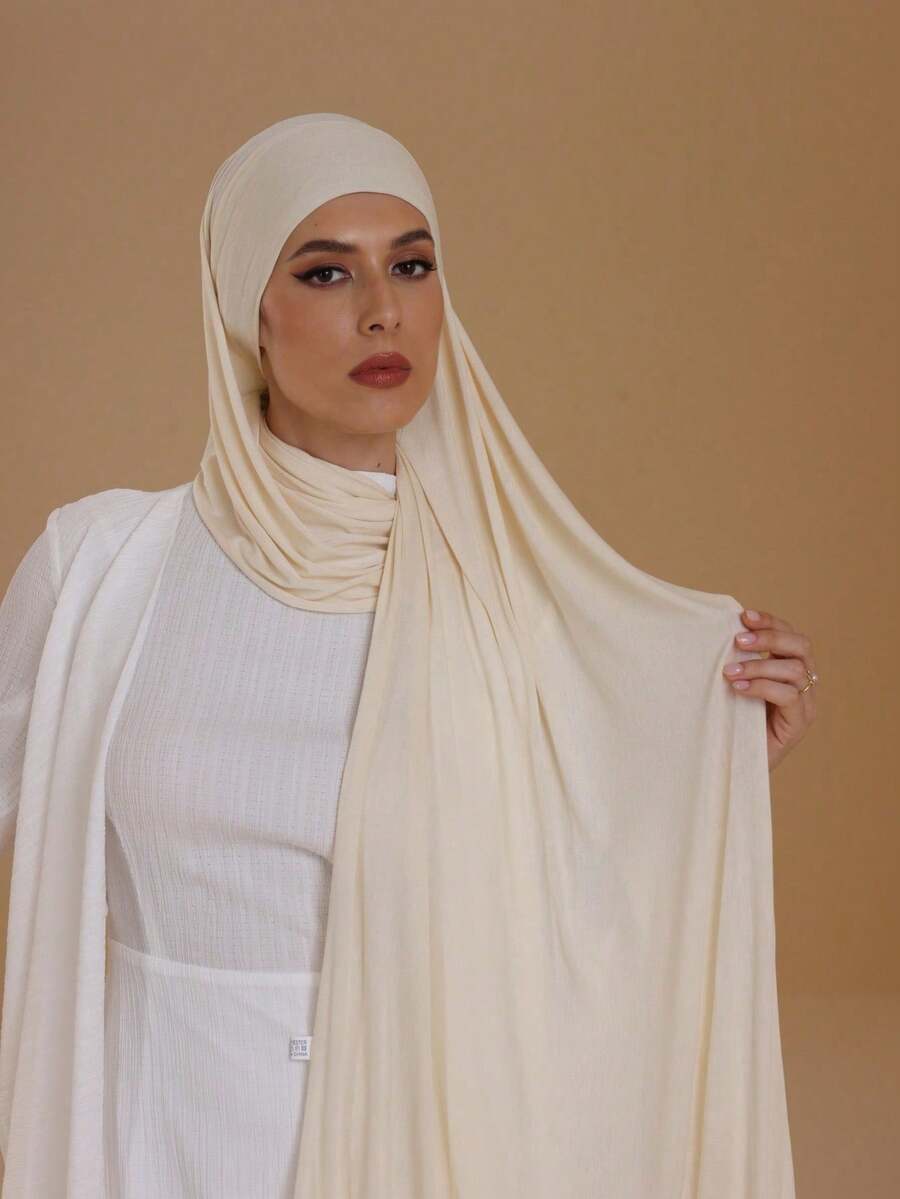 1 Piece Of Solid Color Soft Jersey Hijab, Pure Long Scarf For Women. - Krem - View 1