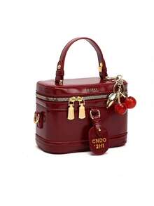 Elegant Solid PU Mini Square Box Bag, Letter Decor Waterproof Burgundy Handbag For Shopping, Party, Travel & Commute - 酒紅色 - 查看 2