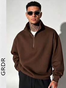 GRDR 男士拉链套头卫衣，秋冬款 - 棕色 - 查看 5
