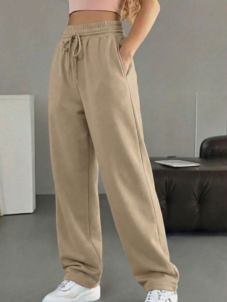 Pantalones baggy de chándal casuales de punto de corte holgado, para usar en casa y hacer deporte - Beis - Ver 1