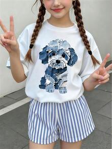 休閒青少年女孩淺藍色圓領T恤，創意小狗印花圖案裝飾，夏季時尚舒適新風格服飾 - 白色 - 查看 1