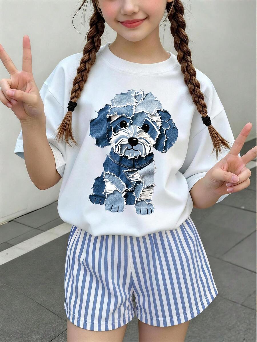 休閒青少年女孩淺藍色圓領T恤,創意小狗印花圖案裝飾,夏季時尚舒適新風格服飾 - 白色 - 查看 1