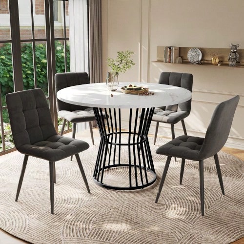 Dining Table Set (5-Piece), Dining Table Set With 4 Chairs, Kitchen Table Set, Round Dining Table With 100 Cm Diameter And Black Metal Legs, White MDF Tabletop, Dining Chairs In Dark Grey Velvet - Multicolor - View 1