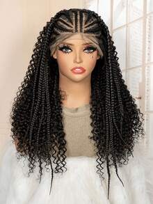 22 Inch Natural Corn Braid Woven Wig, Synthetic Fiber 13x6 Lace Front Jerry Curl Braided Wig With Baby Hair, Halloween - Black - View 12