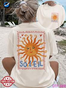 Y2K White Tops Summer Tops For Women Beach Outfits Vacation Outfits Women,New Summer 2026 Collection Women's Soleil Sun Print Cotton T-Shirt, 100% Cot - Apricot - View 1