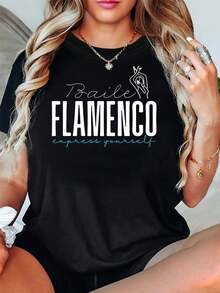 Camiseta De Mujer Con Estampado De Silueta De Bailarina De Flamenco, Estilo Atrevido Y Apasionado, Manga Corta, Estilo A, Verano Y2K Blusa,Temporada De Graduaciones Playeras Ropa De Mujer - Negro - Ver 1