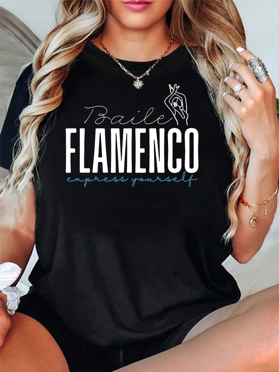 Camiseta De Mujer Con Estampado De Silueta De Bailarina De Flamenco, Estilo Atrevido Y Apasionado, Manga Corta, Estilo A, Verano Y2K Blusa,Temporada De Graduaciones Playeras Ropa De Mujer - Negro - Ver 1