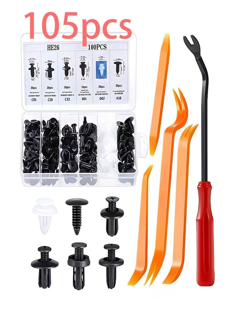 105pcs Car Interior Disassembly Tool Set, Includes Universal Nylon Plastic Car Rivets, Suitable For Car Door Panels And Bumper Body Panel Repair Kit, Equipped With Pry Bar Tools And Clips, Used For Vehicle Maintenance, Multi-Function Heavy Duty Plastic Rivet Tool Set - A - View 1