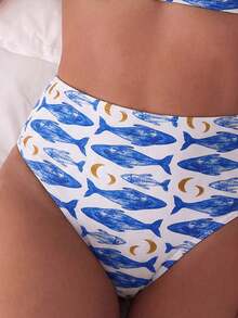 Swim Mod Conjunto de bikini de 2 piezas con parte superior de tirantes y shorts de cintura alta con estampado de color aleatorio para mujer, ideal para vacaciones en la playa - Multicolor 2 - Ver 2