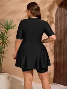 Swim  Conjunto de 2 piezas para mujer de talla grande: Vestido con cremallera y estampado de plantas y pantalones de cintura alta lisos, bikini casual sin mangas - Multicolor - Ver 2
