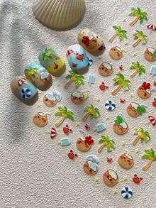 1件椰子樹美甲貼紙，可愛5D椰子美甲配件，美甲裝飾零件，手工美甲貼紙，美甲尖端，美甲零件，最適合女孩和女性的美甲產品，夏季美甲尖端，簡單美甲技巧 - 彩色 - 查看 3