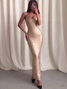 Vestido de verano largo ajustado con tirantes finos, abertura, acanalado metálico sexy tipo vendaje para mujer, elegante vestido de cóctel dorado para fiesta nocturna - Dorado - Ver 8