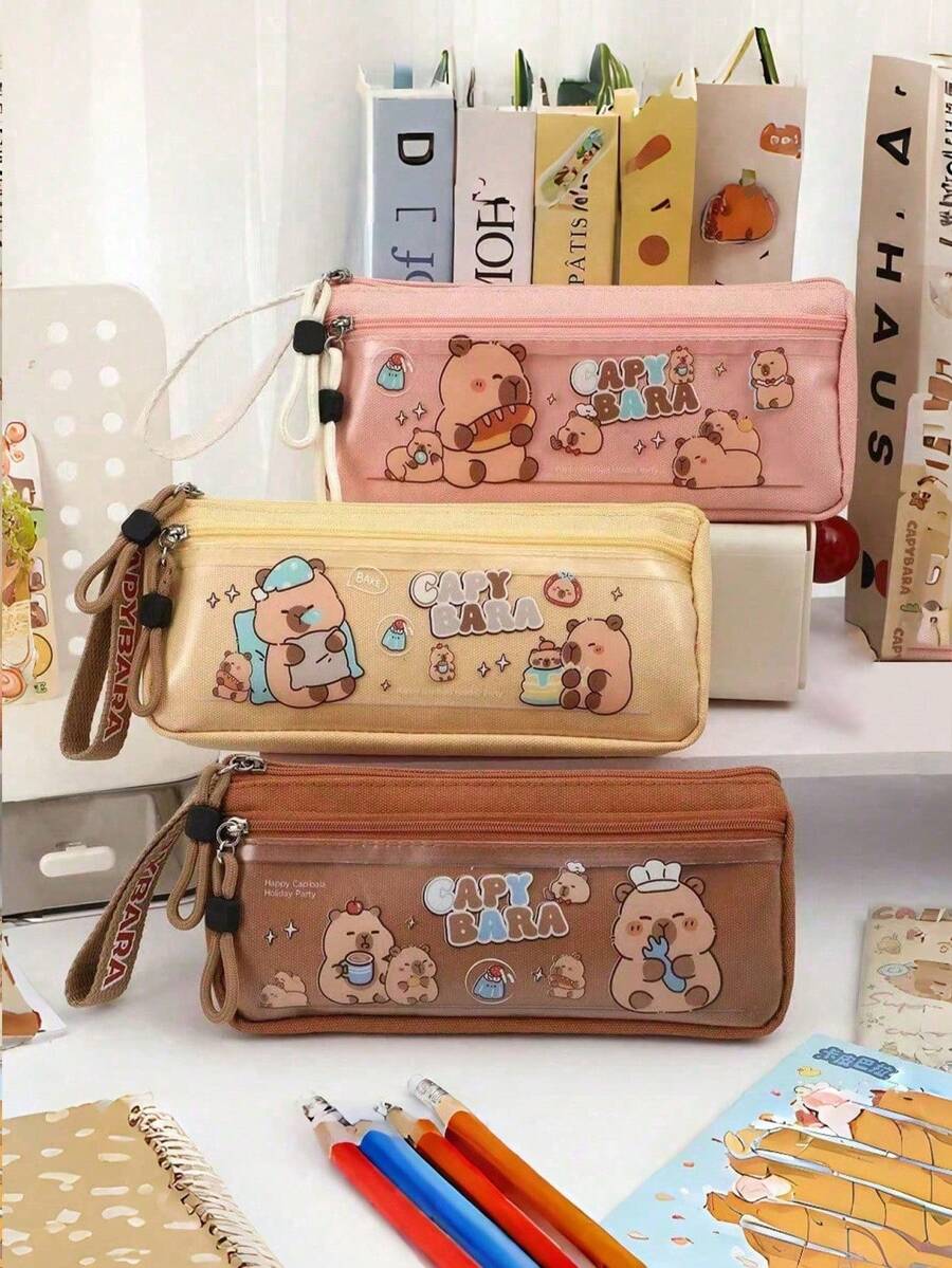 1pc Cute Cartoon Capybara Large Capacity Pencil Case, Includes Accessories, Fashion Design, Lined Interior, Suitable For Back To School Season, Can Store School Supplies And School Essentials - Multicolor - View 1