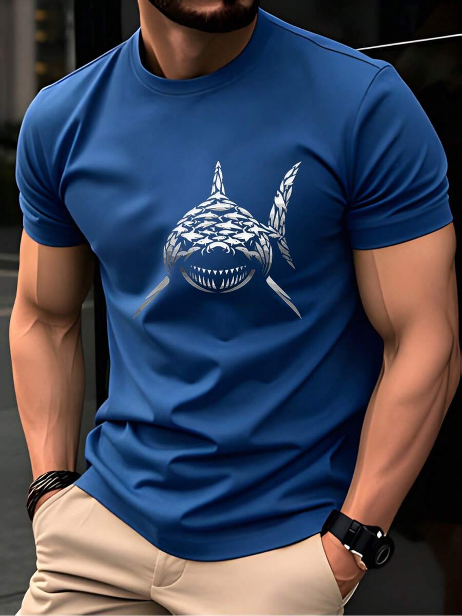 Men's T-Shirt, Men's Summer Sports T-Shirt, Micro-Stretch Knit Fabric, Printed T-Shirt, Regular Fit, Micro-Stretch Clothing, Graphic Print T-Shirt, Casual Style - 灰色 - 查看 1