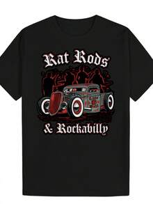 Camiseta Vintage Rockabilly para Hombre - Estampado Retro de Coche Blanco y ROCKABILLY, Corte Holgado con Cuello Redondo, Ropa Casual para Todas las Estaciones, Lavable a Máquina para Playa, - Negro - Ver 1